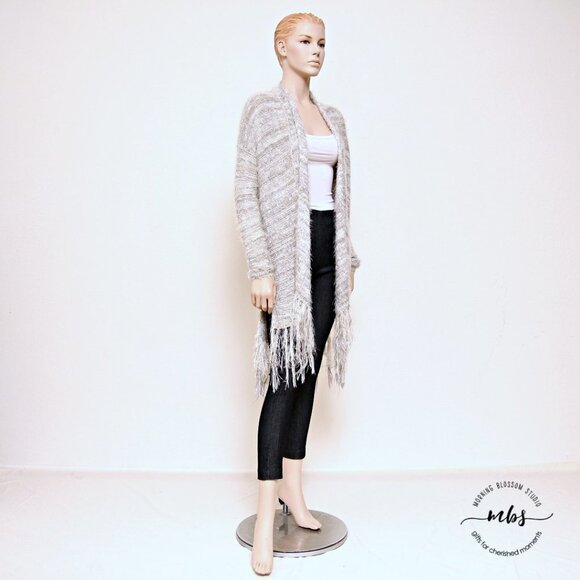 Lazy Sweater Fuzzy Fringe Open Cardigan Gray White Women Size S - Picture 1 of 9